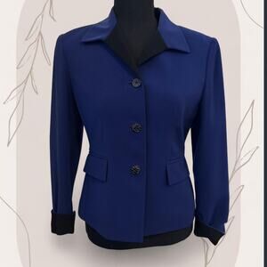Kasper ASL Petite Royal Blue Black Trim Blazer Jacket 2P Professional Workwear